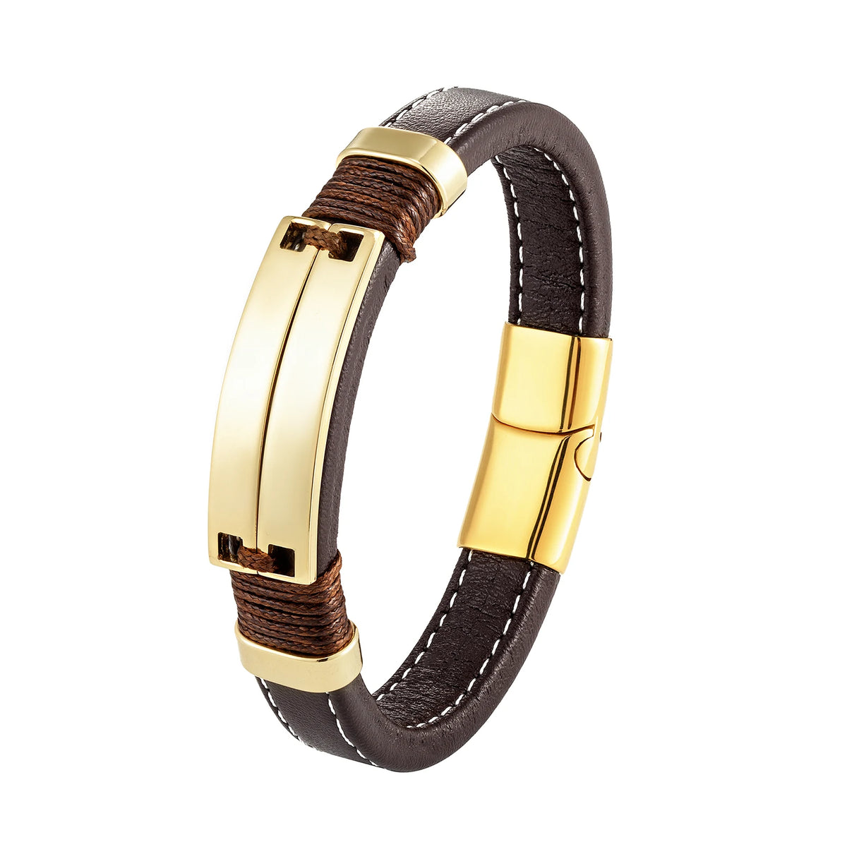 Double Row Stainless Steel Punk Couple Bracelet with Leather Charm BXGM-1137006 / CHINA / 21cm | Brown