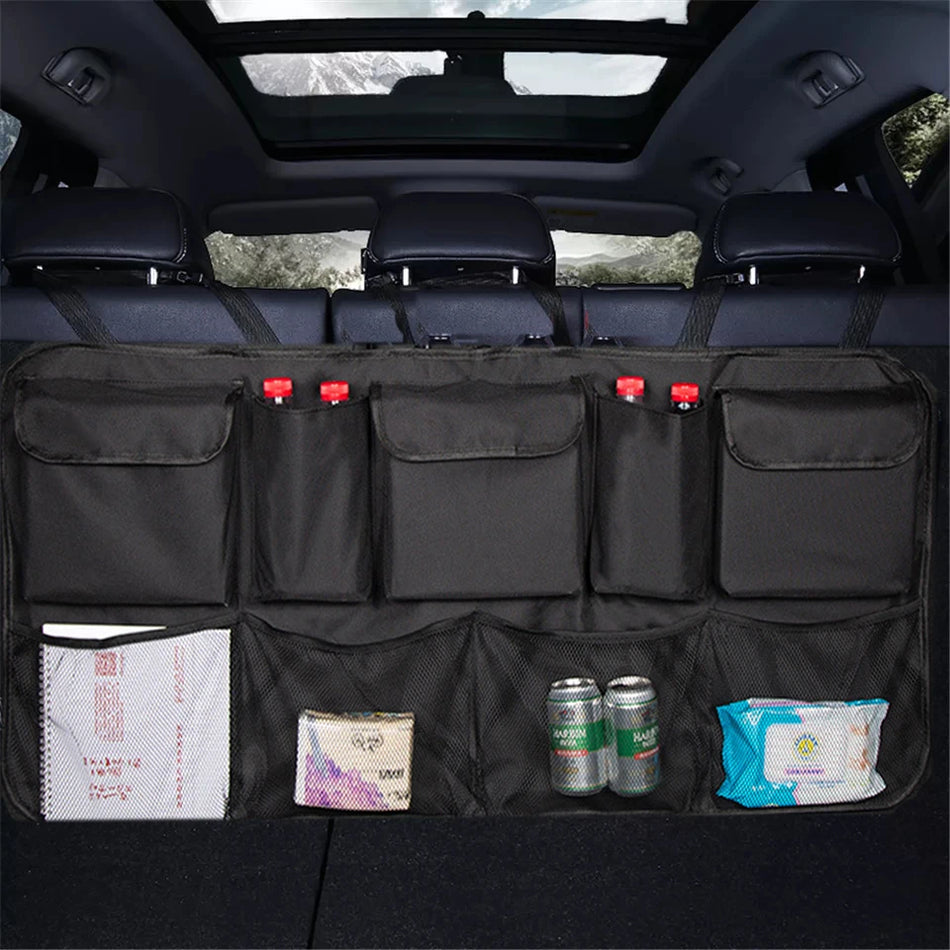 🟠 Τσάντα αποθήκευσης αυτοκινήτου Οργανιστής κορμού Universal Μεγάλη χωρητικότητα Backseat Backs Storage Bag Trunk Cargo Mesh Holder Pocket