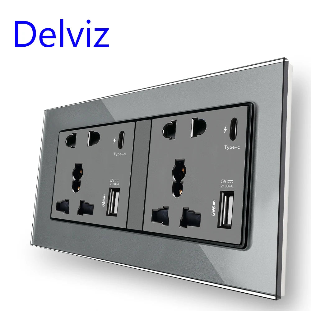 Delviz Type C Smart Quick Charge Wall Socket with Crystal Glass Panel Grey / 110-250V