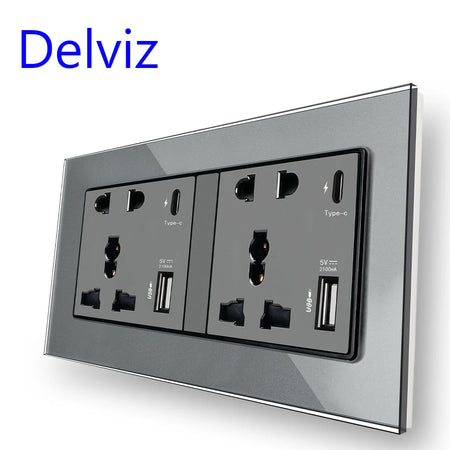 Delviz Type C Smart Quick Charge Wall Socket with Crystal Glass Panel Grey / 110-250V
