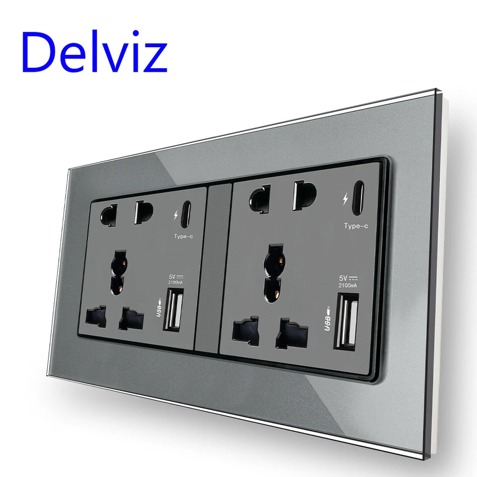 Delviz Type C Smart Quick Charge Wall Socket with Crystal Glass Panel Grey / 110-250V