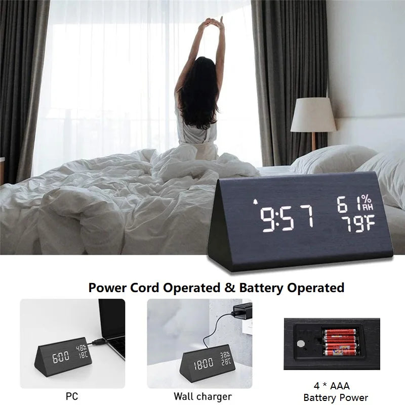 Wooden LED Digital Alarm Clock with USB Charger, Temperature &amp; Humidity Display