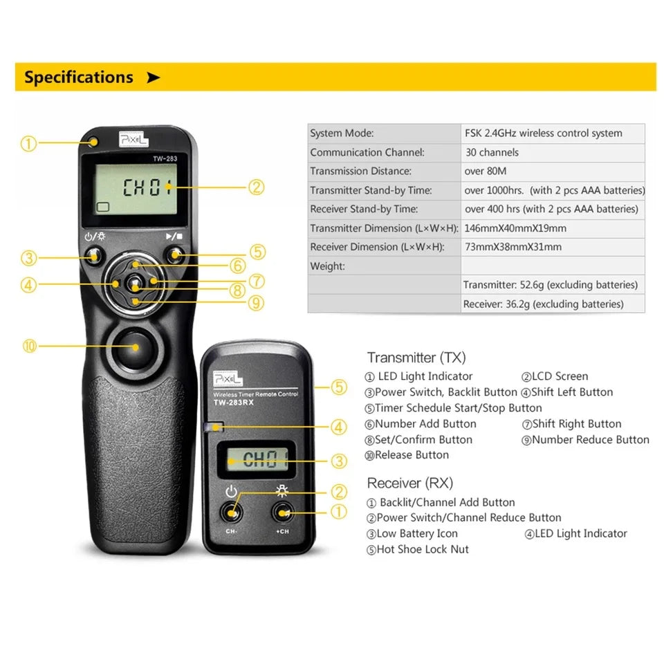 Pixel TW-283 Wireless Timer Remote Control Shutter Release for Canon, Nikon, Sony - Versatile and Reliable