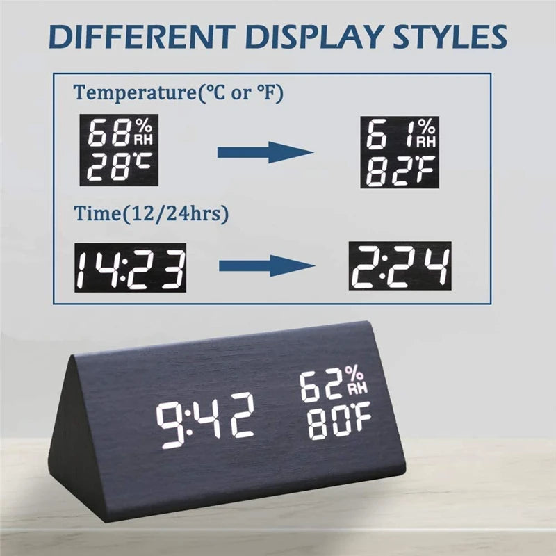 Wooden LED Digital Alarm Clock with USB Charger, Temperature &amp; Humidity Display