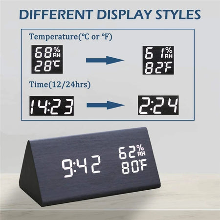 Wooden LED Digital Alarm Clock with USB Charger, Temperature &amp; Humidity Display