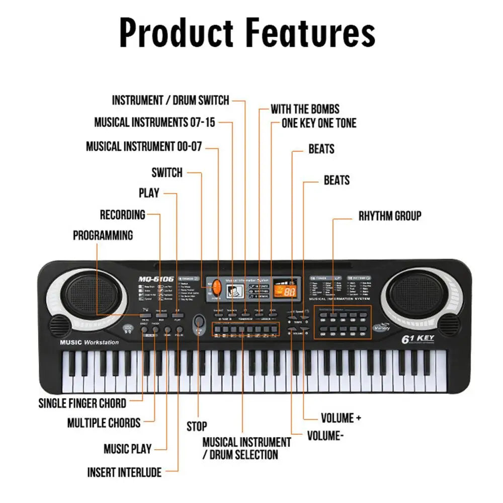 Kids Electronic Piano Keyboard &ndash; Portable 61 Keys with Microphone