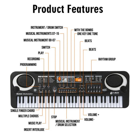 Kids Electronic Piano Keyboard &ndash; Portable 61 Keys with Microphone