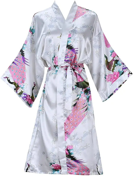 Silk Satin Wedding Bride Bridesmaid Floral Kimono Robe white / L