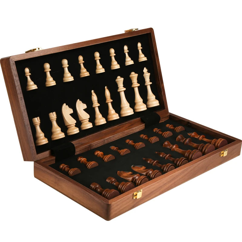 Wooden Folding Chess Set Walnut &ndash; Solid Wood Pieces