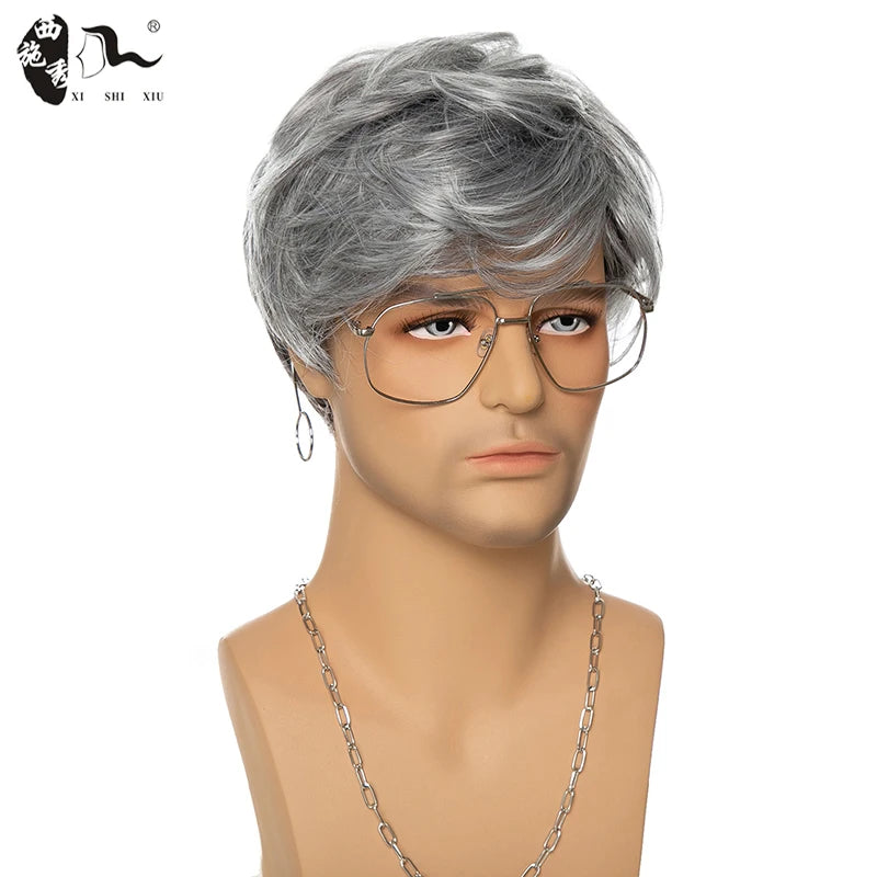 XISHIXIU Men's Silver Gray Wavy Synthetic Wig - Short Straight Pixie Cut