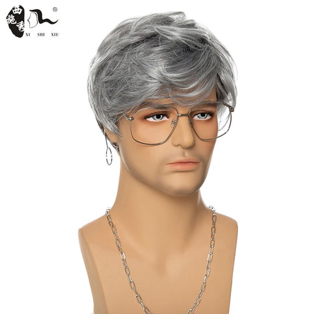 XISHIXIU Men's Silver Gray Wavy Synthetic Wig - Short Straight Pixie Cut