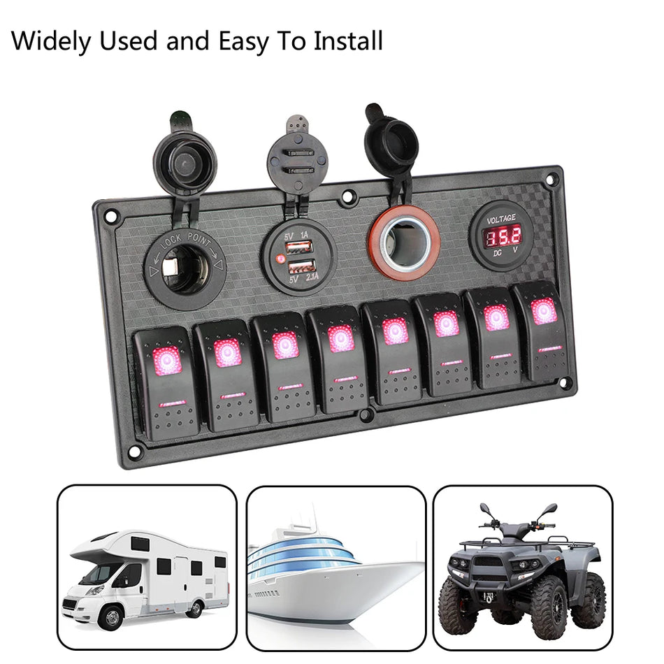 24V 12V Spínačový panel s 8 tlačítky pro automobilové osvětlení, USB nabíječky, hliník, ABS