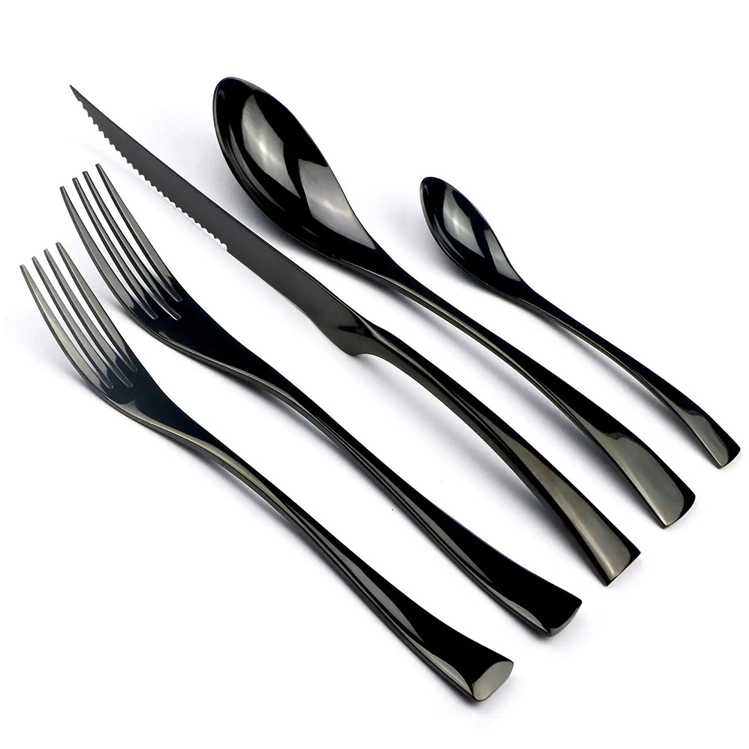 KNGZI 5/20Pcs Silver Flatware Set &ndash; Eco-Friendly 18/10 Stainless Steel Design Black / 5pcs