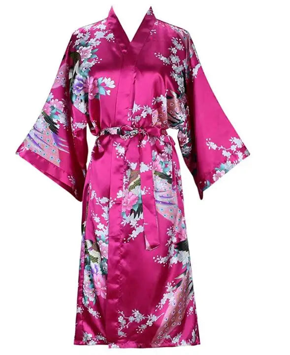 Silk Satin Wedding Bride Bridesmaid Floral Kimono Robe rose / L