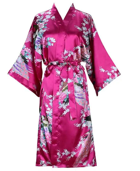 Silk Satin Wedding Bride Bridesmaid Floral Kimono Robe rose / L