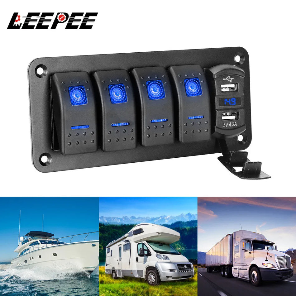 Přepínací panel 24V 12V se 4 tlačítky, USB 3.0 nabíječka, voltmetr pro auto a obytný vůz