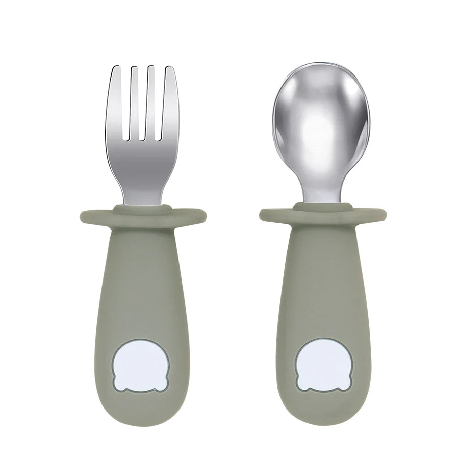 Cartoon Bear Baby Feeding Utensil Set - BPA Free Silicone 009 Light green