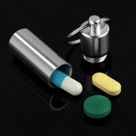 Waterproof Aluminum Pill Box Keychain - Portable Medicine Container with Carabiner for Outdoor Use