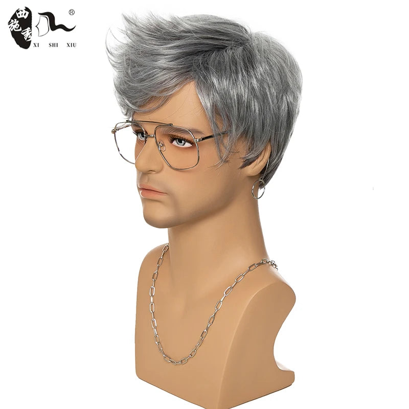 XISHIXIU Men's Silver Gray Wavy Synthetic Wig - Short Straight Pixie Cut