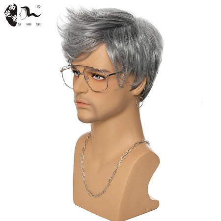 XISHIXIU Men's Silver Gray Wavy Synthetic Wig - Short Straight Pixie Cut