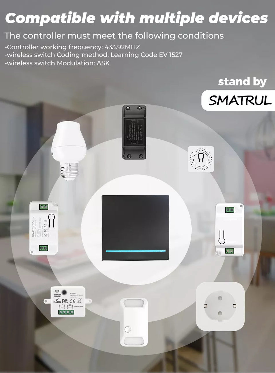 SMATRUL 1 Gang RF 433Mhz Smart Home Push Wireless Switch Light Remote Control Wall Button Ceiling Lamp On Off ASK Ev1257. White.