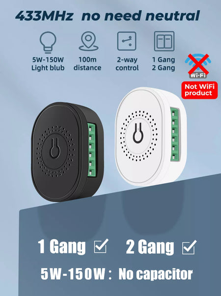 1/2 Gang RF 433MHZ Mini Switch Module No Neutral Wire 2 Way Light Smart Home Wireless Electrical Control Wall Breaker