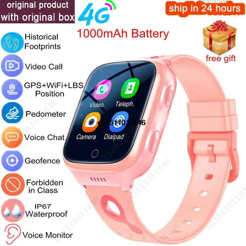 KGG 4G Kids GPS Watch &ndash; Video Call, GPS Tracking And SOS pink with box / Asia version