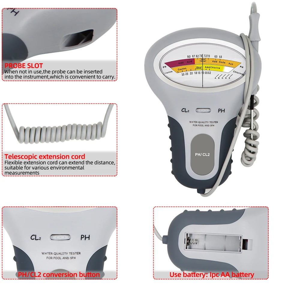 2-In-1 pH and Chlorine Meter for Pools and Aquariums, Analog Tester