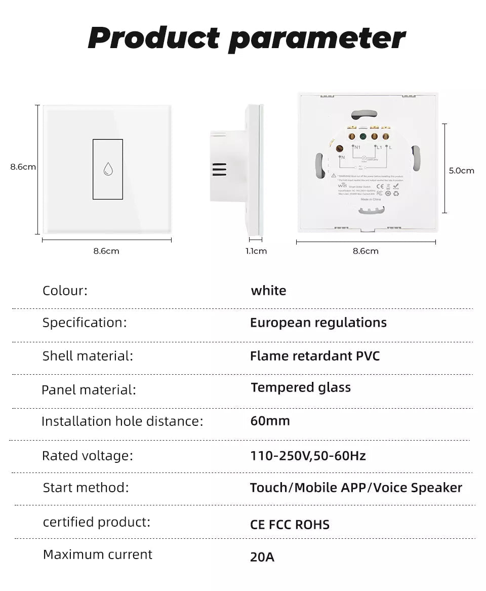 40A Tuya Smart Touch Wall WiFi Boiler Smart Water Heater Switch. Remote Voice Timer Google Home Alexa. (Apple/Android) Colour White. Cyprus.