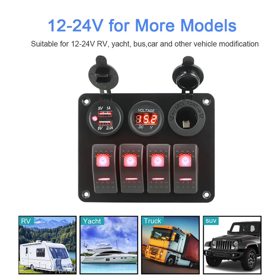 24319 4 Jungčių Rokero Perjungimo Skydelis Su Voltmetru Ir USB 3.0 12V/24V Valtyse
