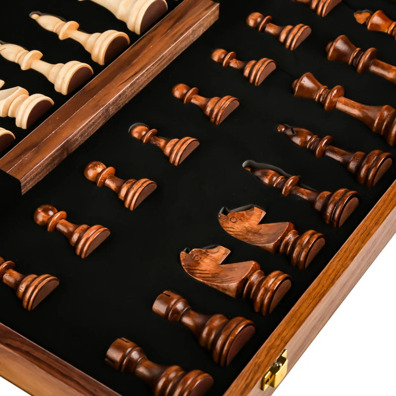 Wooden Folding Chess Set Walnut &ndash; Solid Wood Pieces