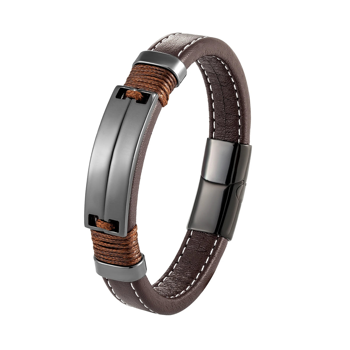 Double Row Stainless Steel Punk Couple Bracelet with Leather Charm BXGM-1137004 / CHINA / 23cm | Brown