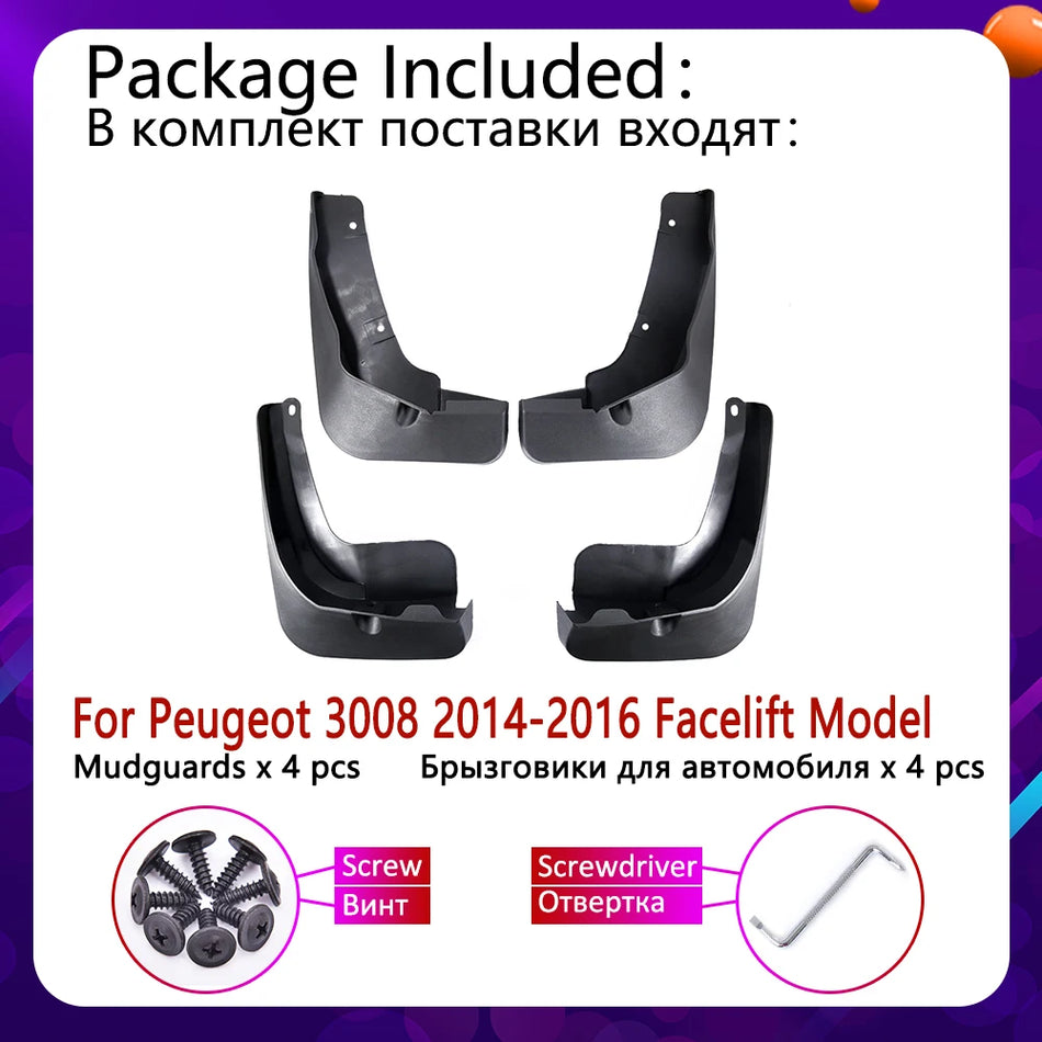 Peugeot 3008 2014-2016 Front &amp; Rear Mudflap Set - Deluxe TPO Plastic Splash Guards for Ultimate Protection