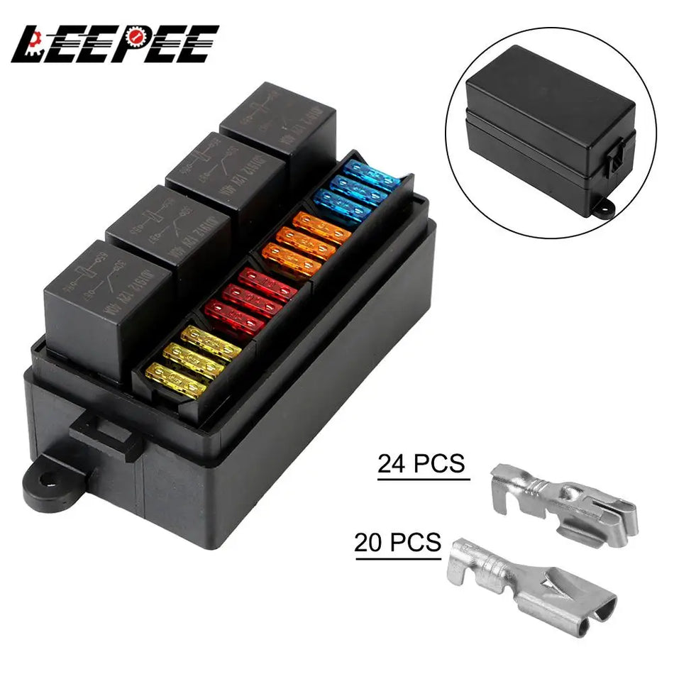 12V 40A relais met spade-aansluitingen, plastic hoes, 4-pins, 12-weg zekeringhouder