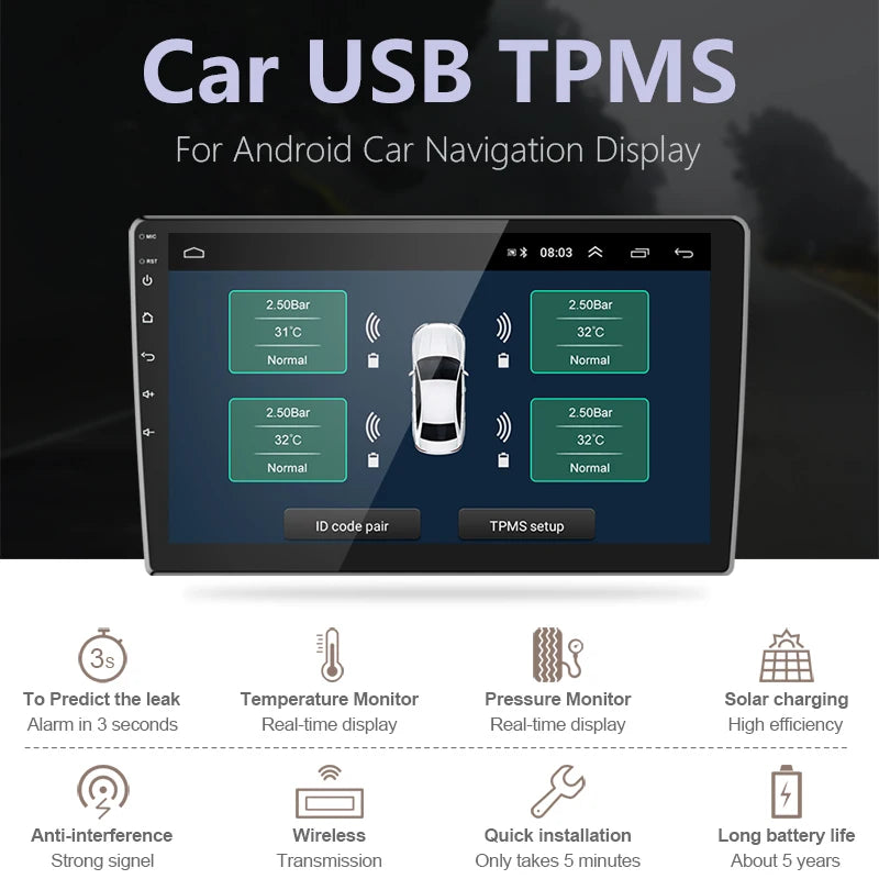 Sistema de Monitorização da Pressão dos Pneus TPMS Sem Fios USB Android Develuck Quatro Sensores Externos Alarme Para Navegação de Rádio de Carro