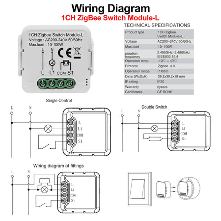 GIRIER ZigBee 3.0 Smart Light Switch Module - No Neutral Wire, Voice and App Control