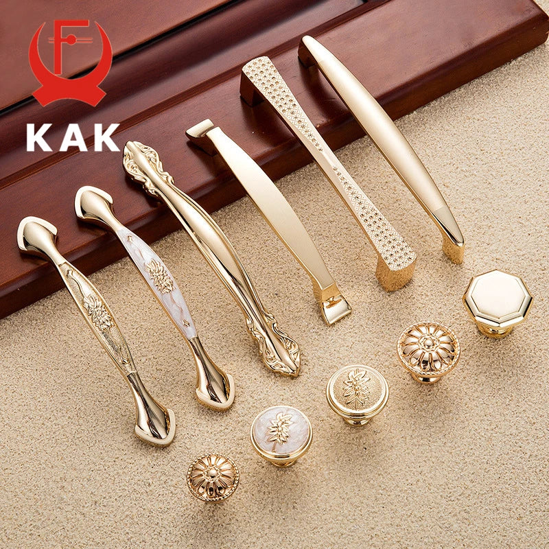 KAK 5 stycken Champagne Guld Dörrhandtag Zinklegering Skåp Handtag Låda Knoppar Europeiska Garderob Drag Kök Möbel Handtag