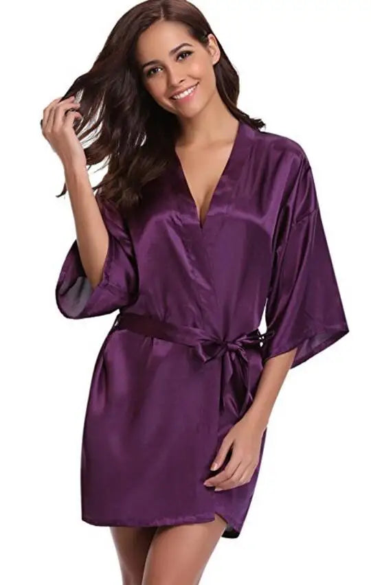 RB032 2018 Silk Kimono Robe Bathrobe - Women's Satin Bridesmaid Dressing Gown purple / S