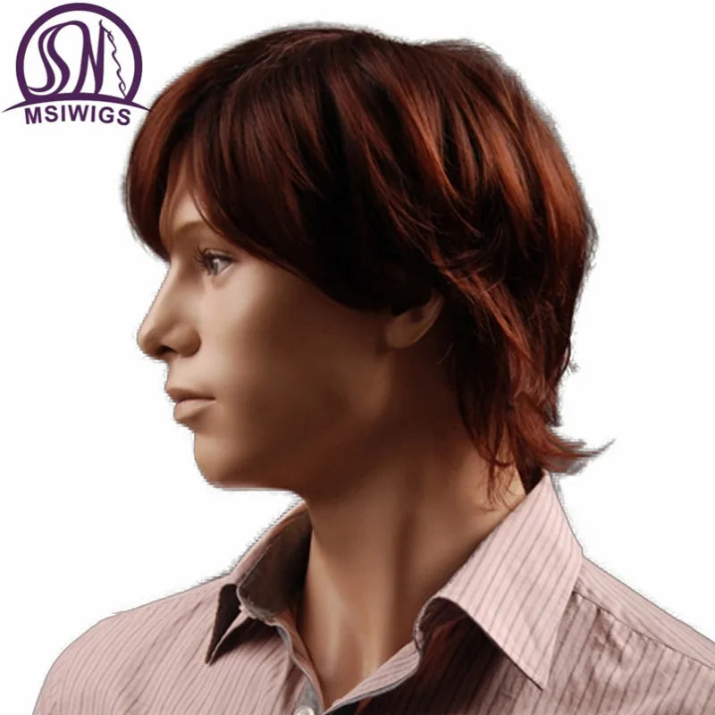 MSIWIGS 8 Inch Reddish Brown Straight Synthetic Wig for Men with Bangs