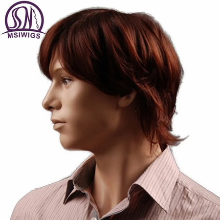 MSIWIGS 8 Inch Reddish Brown Straight Synthetic Wig for Men with Bangs