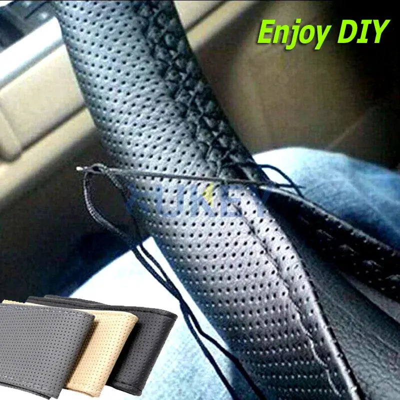 DIY PU Leather Auto Car Steering Wheel Cover Hand Sewing Hand-stitched With Thread Needle 38cm Breathable Steering Wheel Covers by InterCyprus Trading Ltd