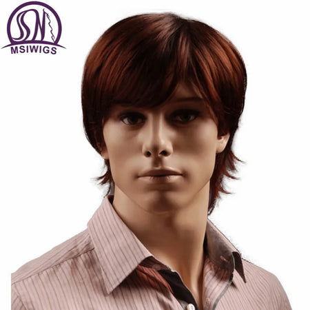 MSIWIGS 8 Inch Reddish Brown Straight Synthetic Wig for Men with Bangs