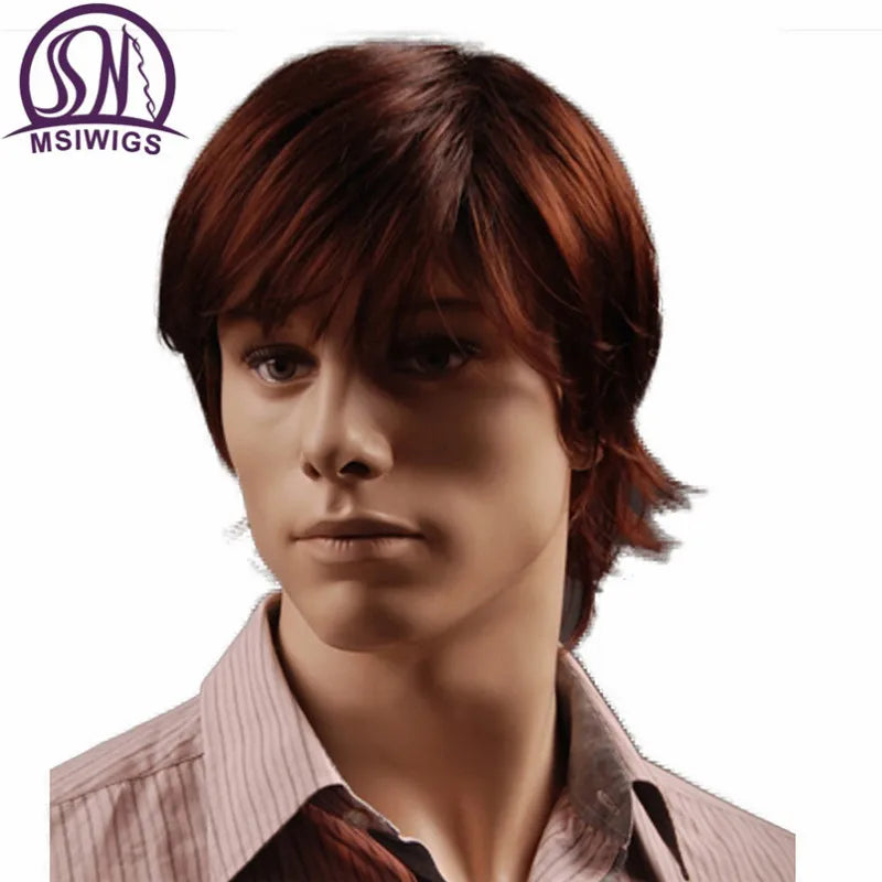 MSIWIGS 8 Inch Reddish Brown Straight Synthetic Wig for Men with Bangs
