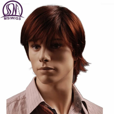 MSIWIGS 8 Inch Reddish Brown Straight Synthetic Wig for Men with Bangs