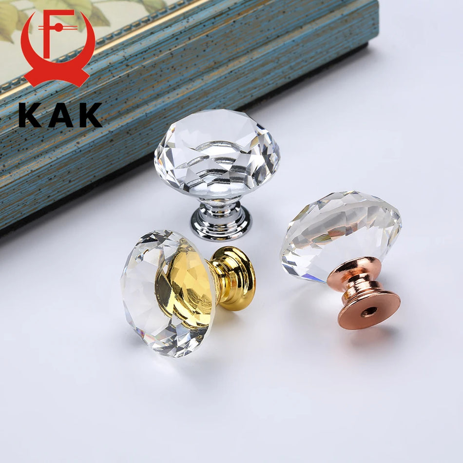 KAK 30mm Diamond Crystal Glass Knobs And Handles Gold Base