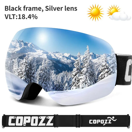 COPOZZ Outdoor Sports Ski Goggles &ndash; UV400 Protection Black Silver