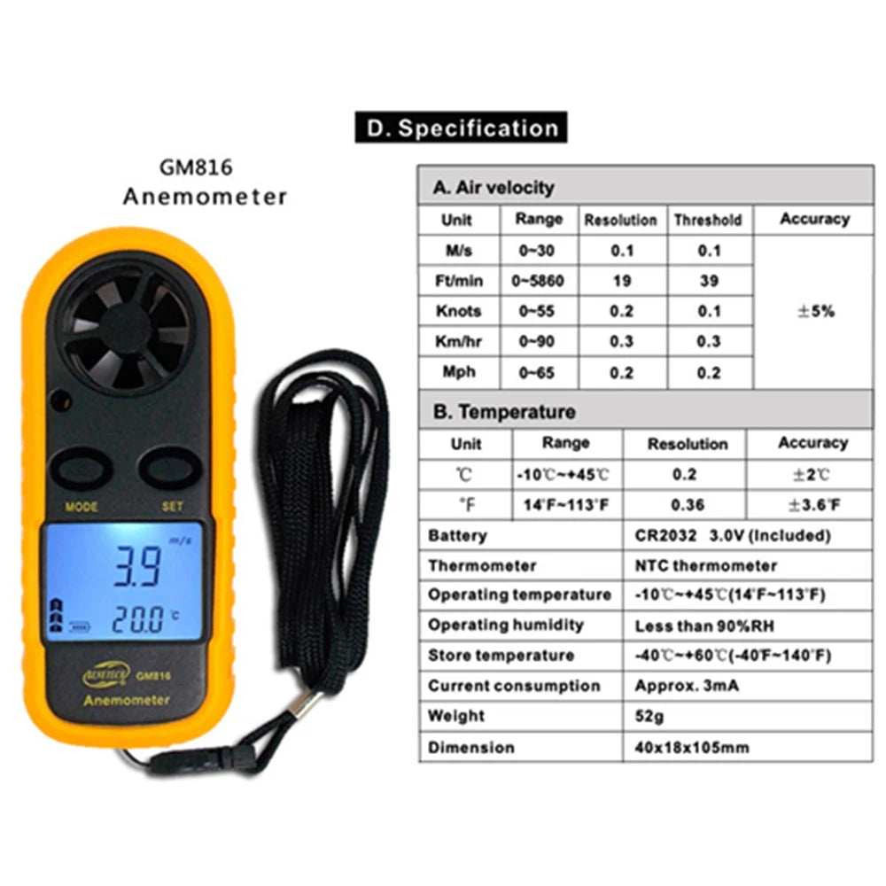 VLASOV GM816 Mini Digital Anemometer with LCD Backlight Display