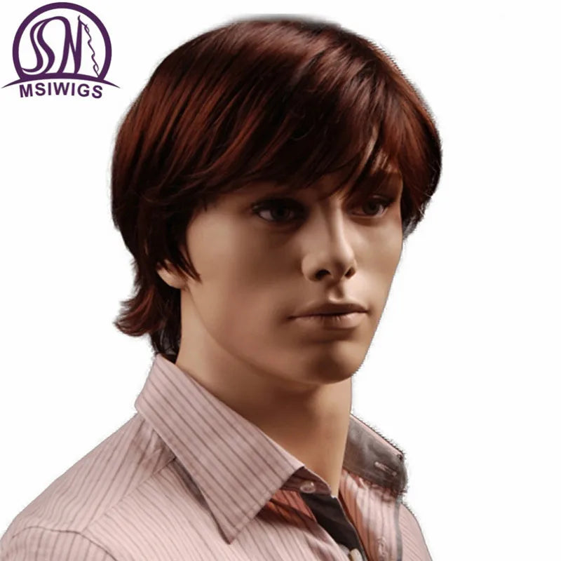 MSIWIGS 8 Inch Reddish Brown Straight Synthetic Wig for Men with Bangs