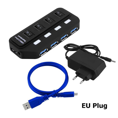 USB 3.0 Hub 7 Port High Speed 5Gbps - On Off Switch 4 Ports with EU Plug