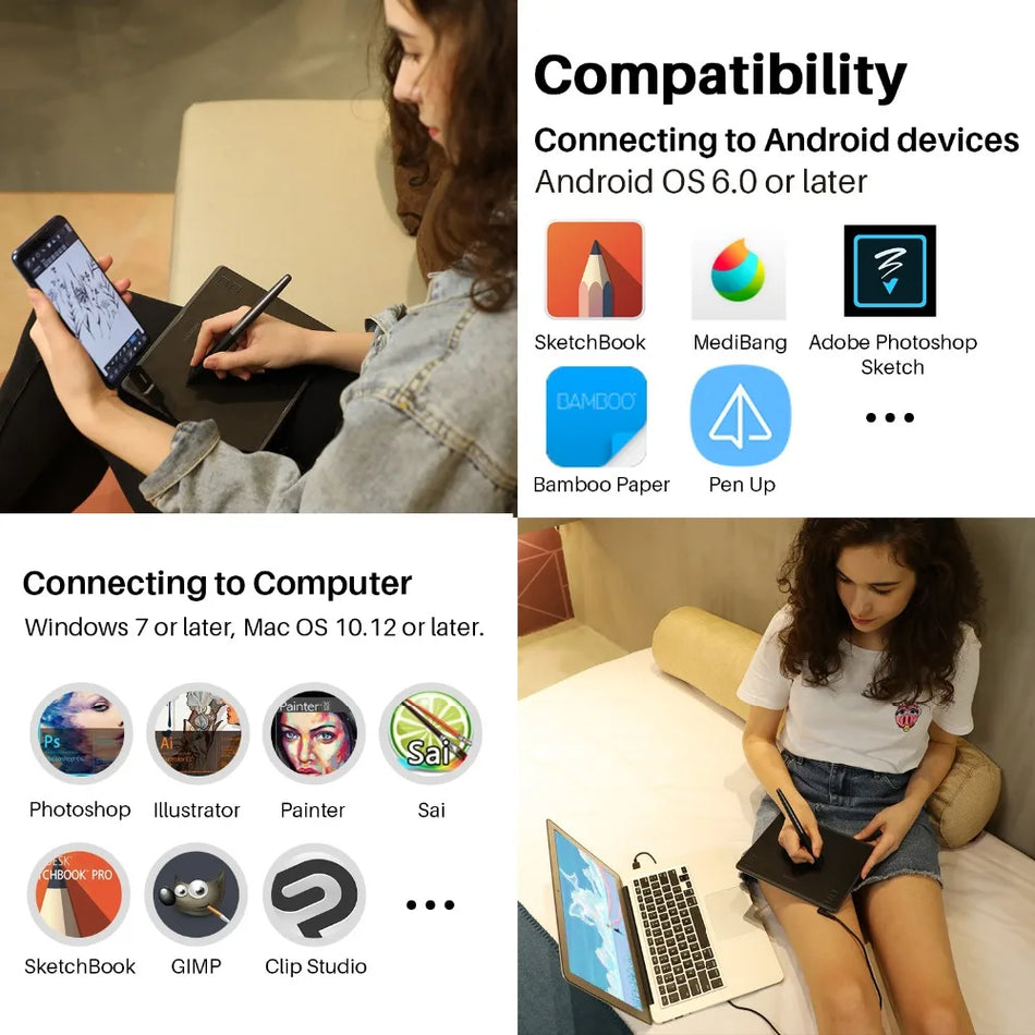 Huion HS64 Grafiktavla Med 8192 Tryck PW100 Stylus, Windows MacOS